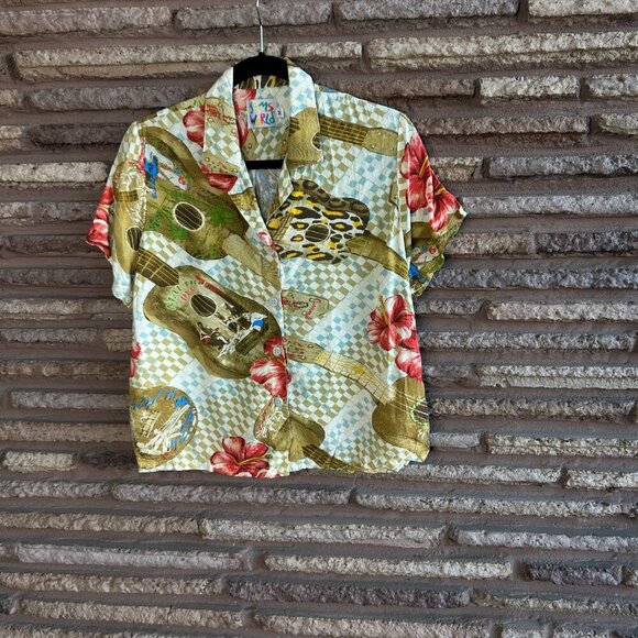 Jams World Vintage Hibiscus Ukulele Hawaiian Rayon Shirt Size Medium - Picture 7 of 7